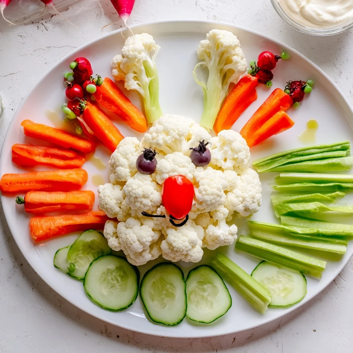Creative vegetable platter shaped like a bunny featuring cauliflower cucumbers and cherry tomatoes