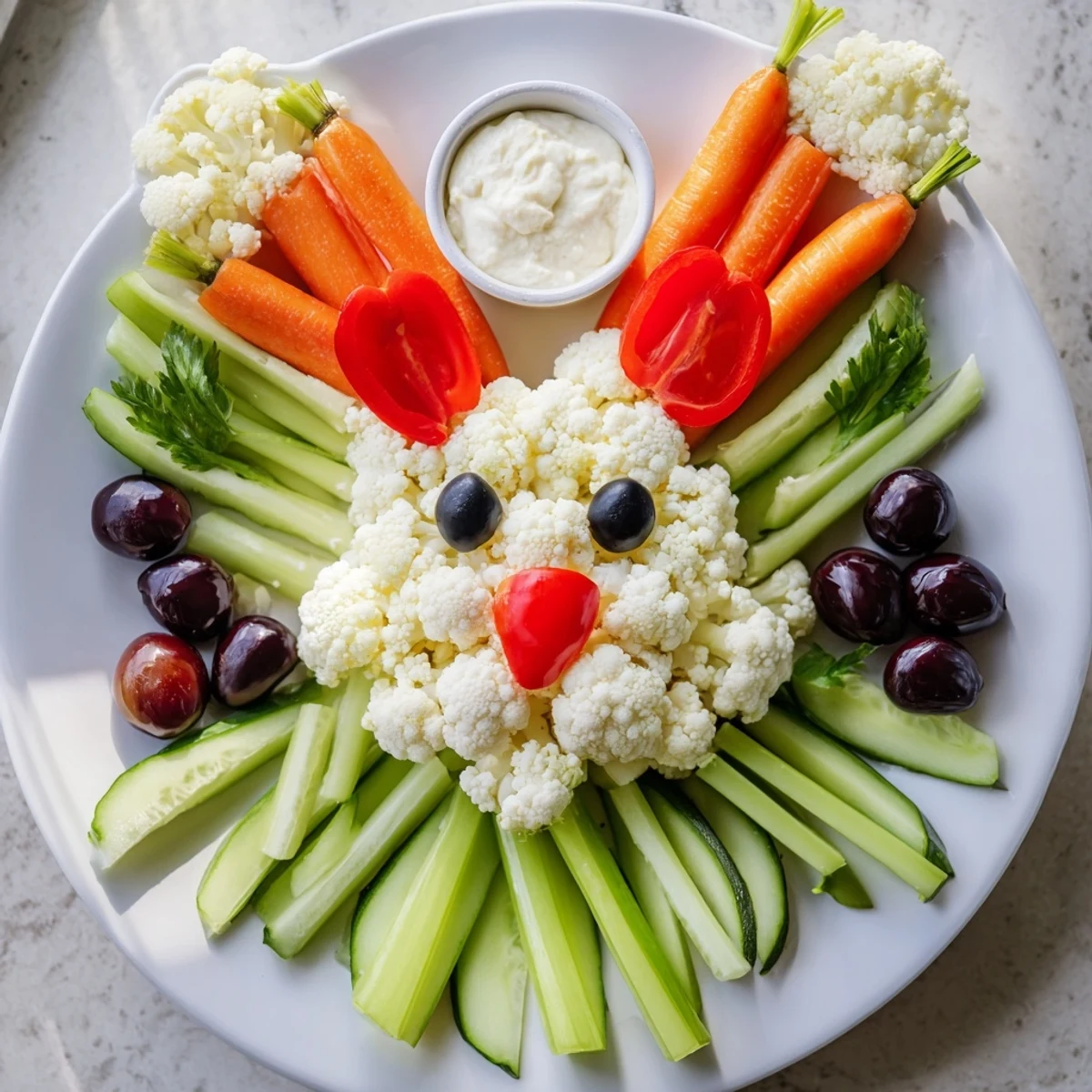Healthy Easter Bunny veggie tray perfect for spring parties with fresh crisp vegetables