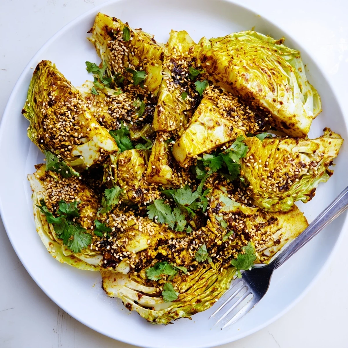 Golden roasted curry cabbage wedges with crispy edges and tender centers