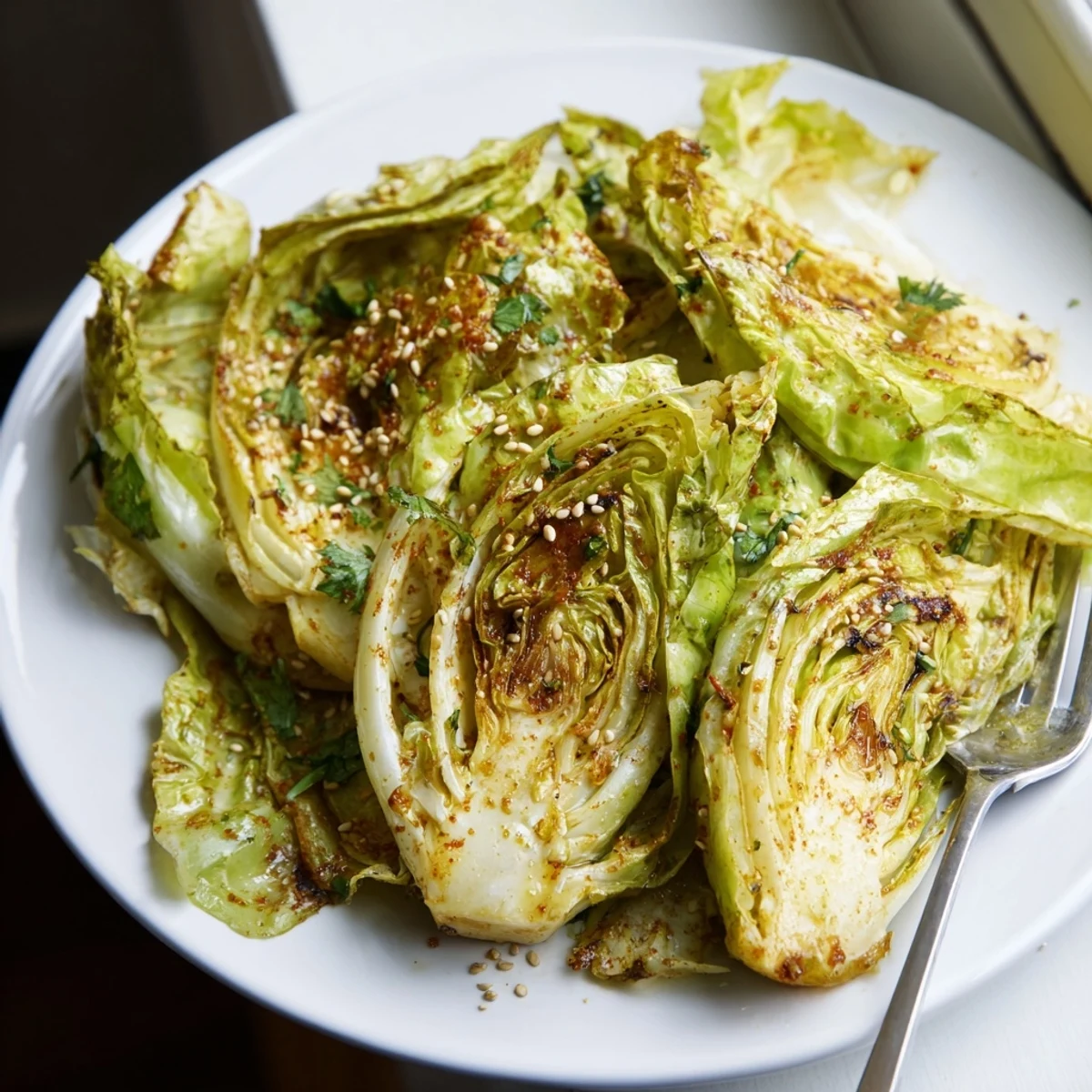 Colorful curry roasted cabbage on a serving platter with fresh cilantro garnish