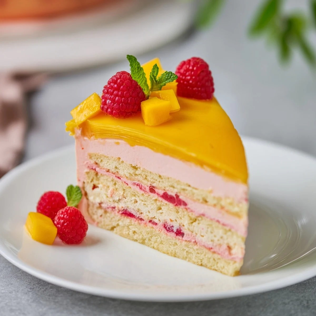 Golden slice of mango raspberry mousse cake revealing tropical fruity layers on sponge base