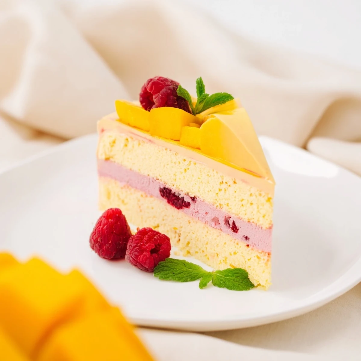 Elegant summer dessert with airy mango and raspberry mousse topped with fresh garnishes