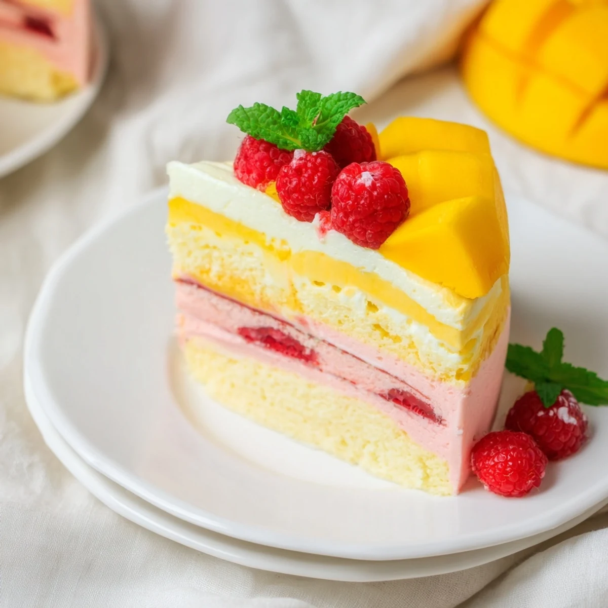 Luscious layered mousse cake featuring sweet mango and bright raspberry flavors on tender cake