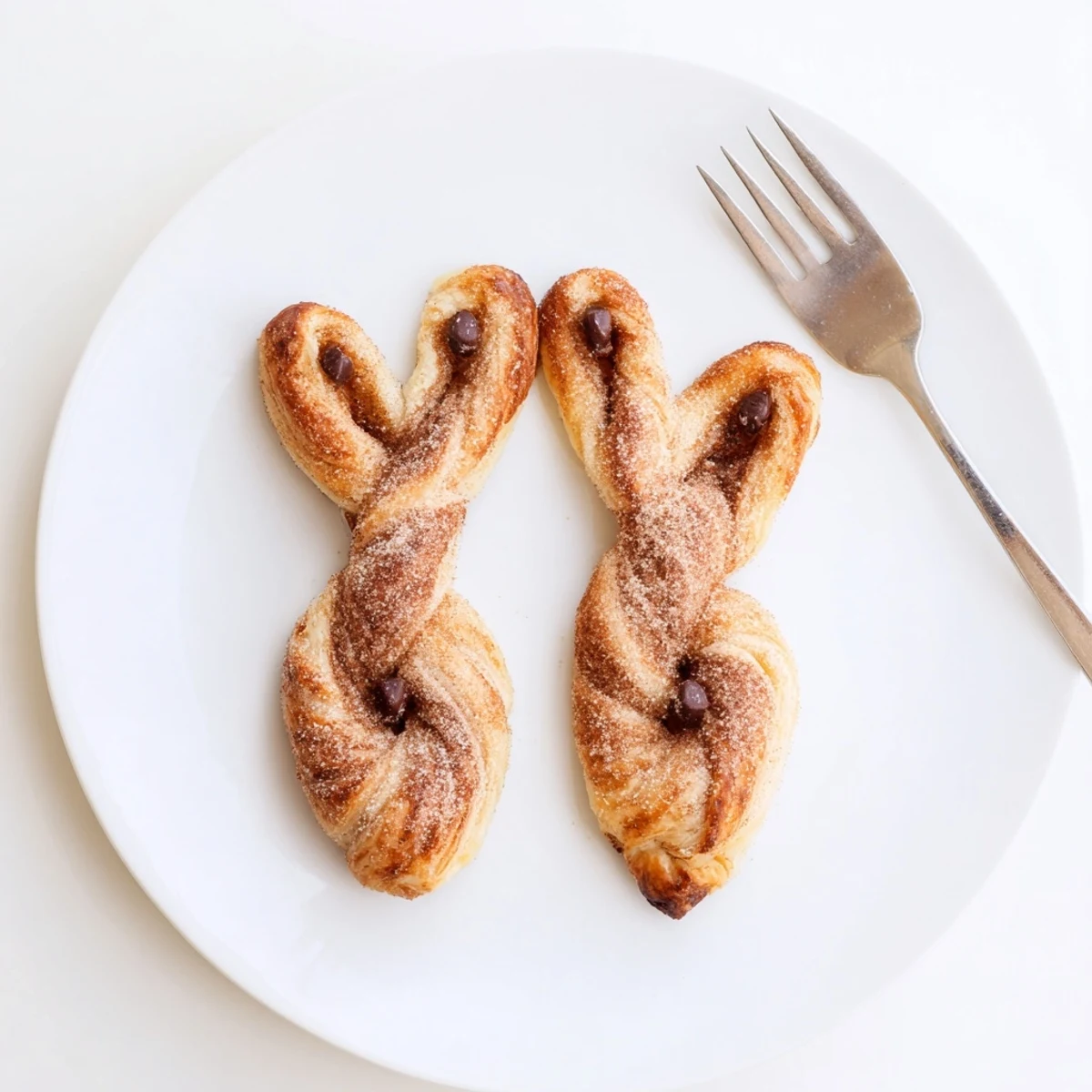 Golden brown cinnamon sugar Easter bunny twists arranged on a white serving plate