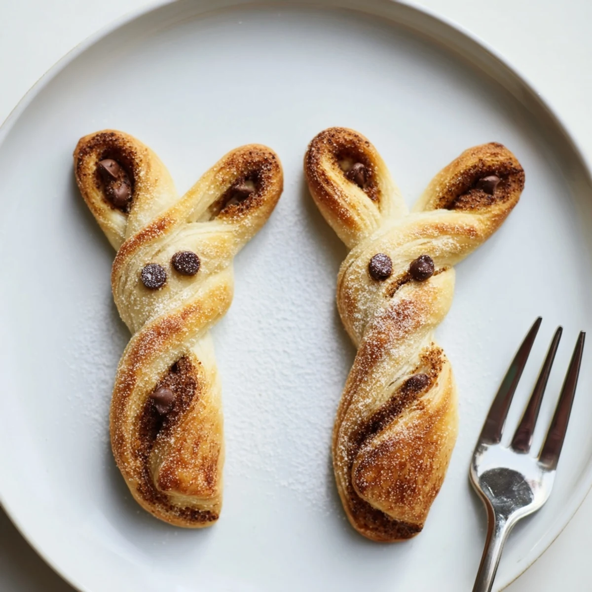 Adorable bunny shaped cinnamon twists dusted with powdered sugar on Easter brunch table