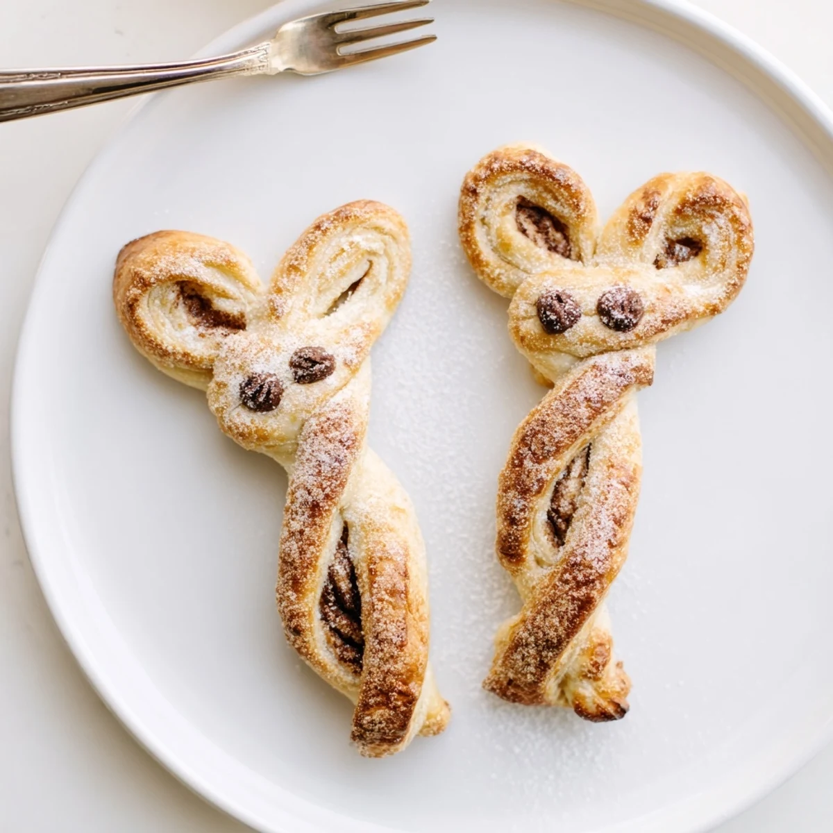 Fluffy puff pastry Easter bunny twists sprinkled with sparkling cinnamon sugar topping