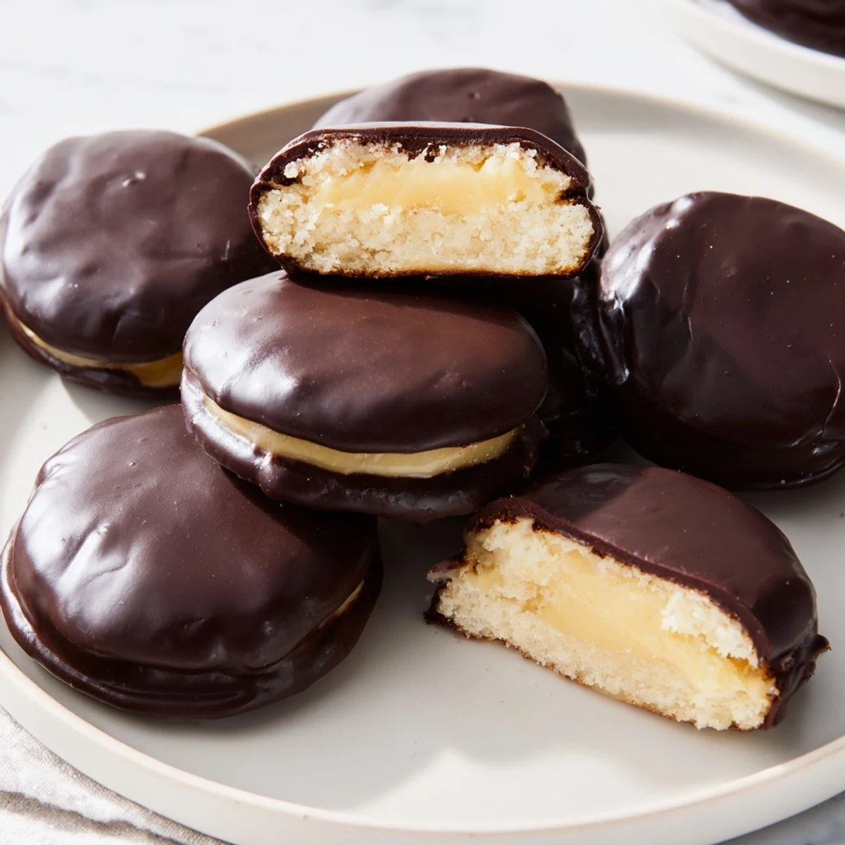 Golden Boston Cream Pie Cookie Bites topped with rich chocolate glaze on a white plate