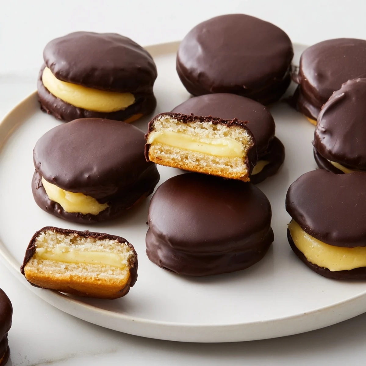 Bite-sized Boston Cream Pie Cookie Bites sandwiched with creamy vanilla custard and glossy chocolate coating