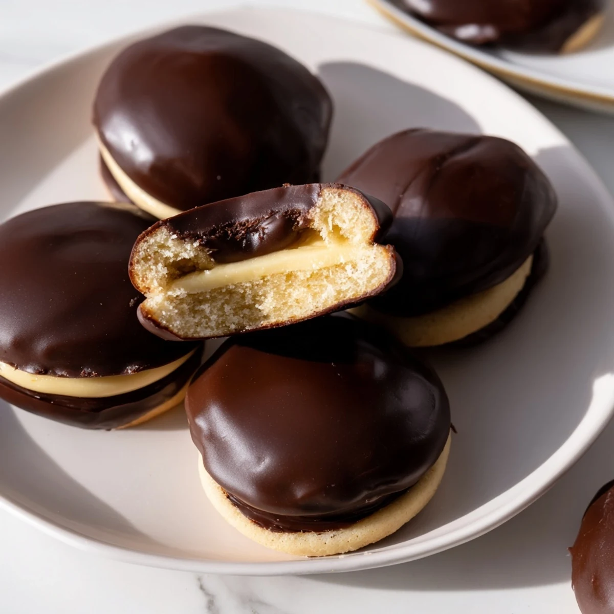 Homemade Boston Cream Pie Cookie Bites featuring soft vanilla cookies, smooth custard filling, and chocolate glaze