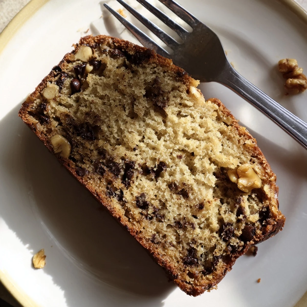 Moist chocolate chip banana bread loaf with melted chocolate chunks and golden brown crust
