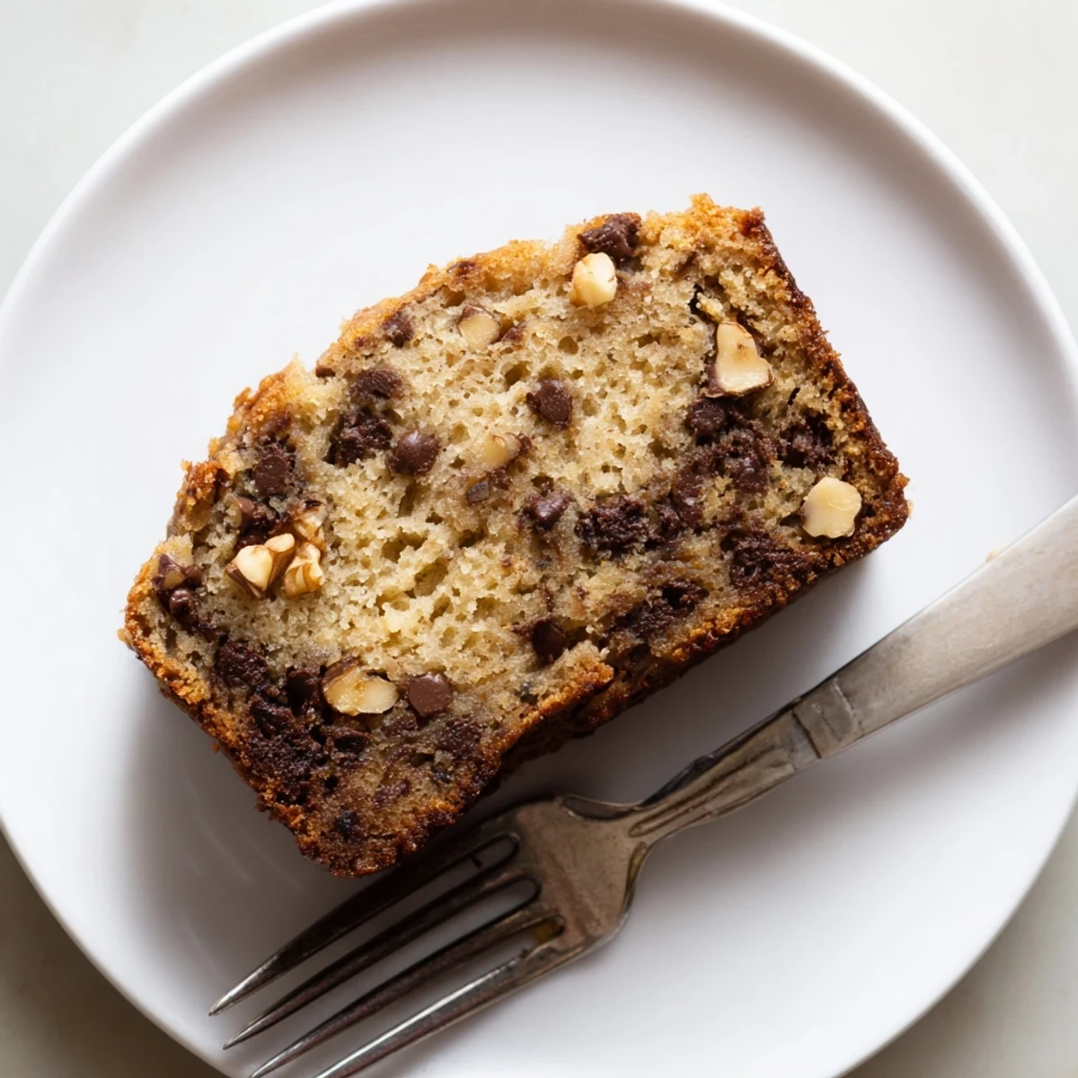 Sliced chocolate chip banana bread showing soft texture and scattered semisweet chips throughout