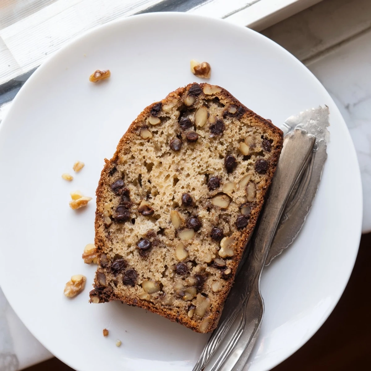Freshly baked chocolate chip banana bread cooling on wire rack with speckled chocolate pieces