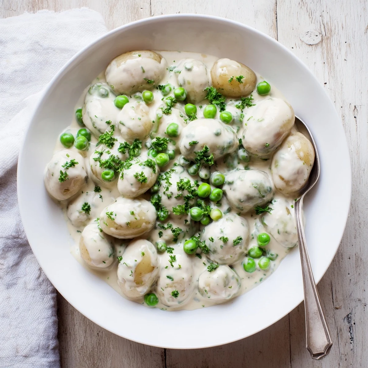 Creamed peas and potatoes in a white ceramic bowl garnished with fresh parsley