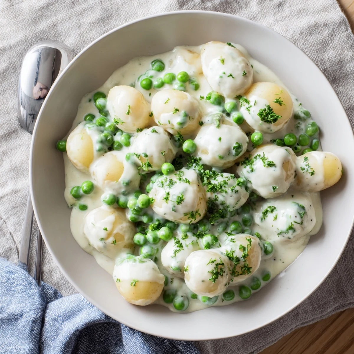 Golden baby potatoes and green peas swimming in a velvety white cream sauce