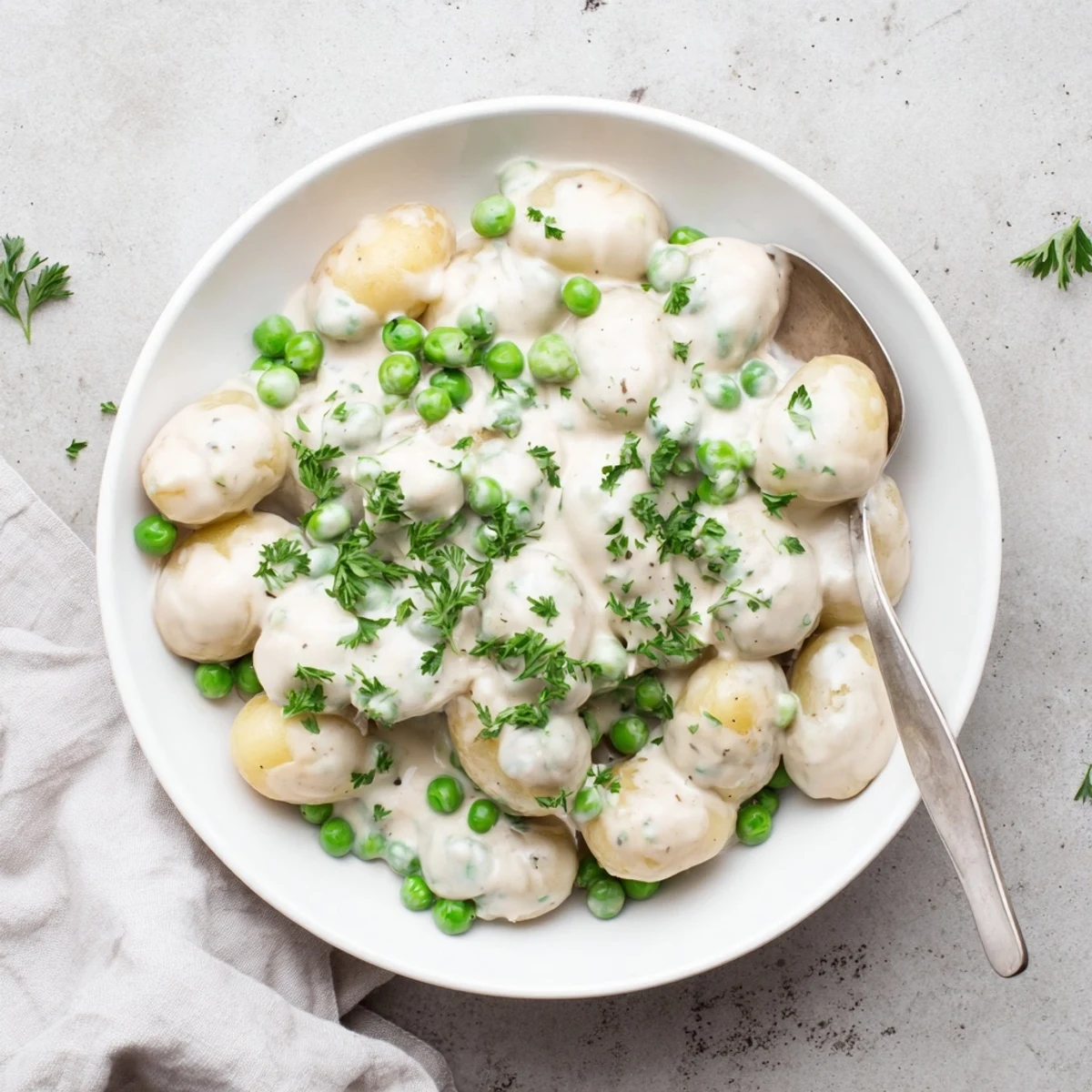 Spoonful of creamy peas and potatoes dish topped with chopped fresh green parsley