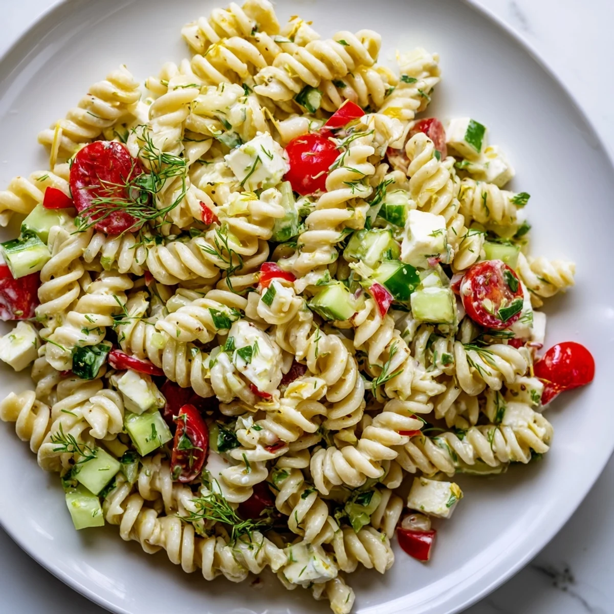 Creamy cottage cheese pasta salad bowl with colorful cherry tomatoes, crisp cucumber, and bell pepper chunks