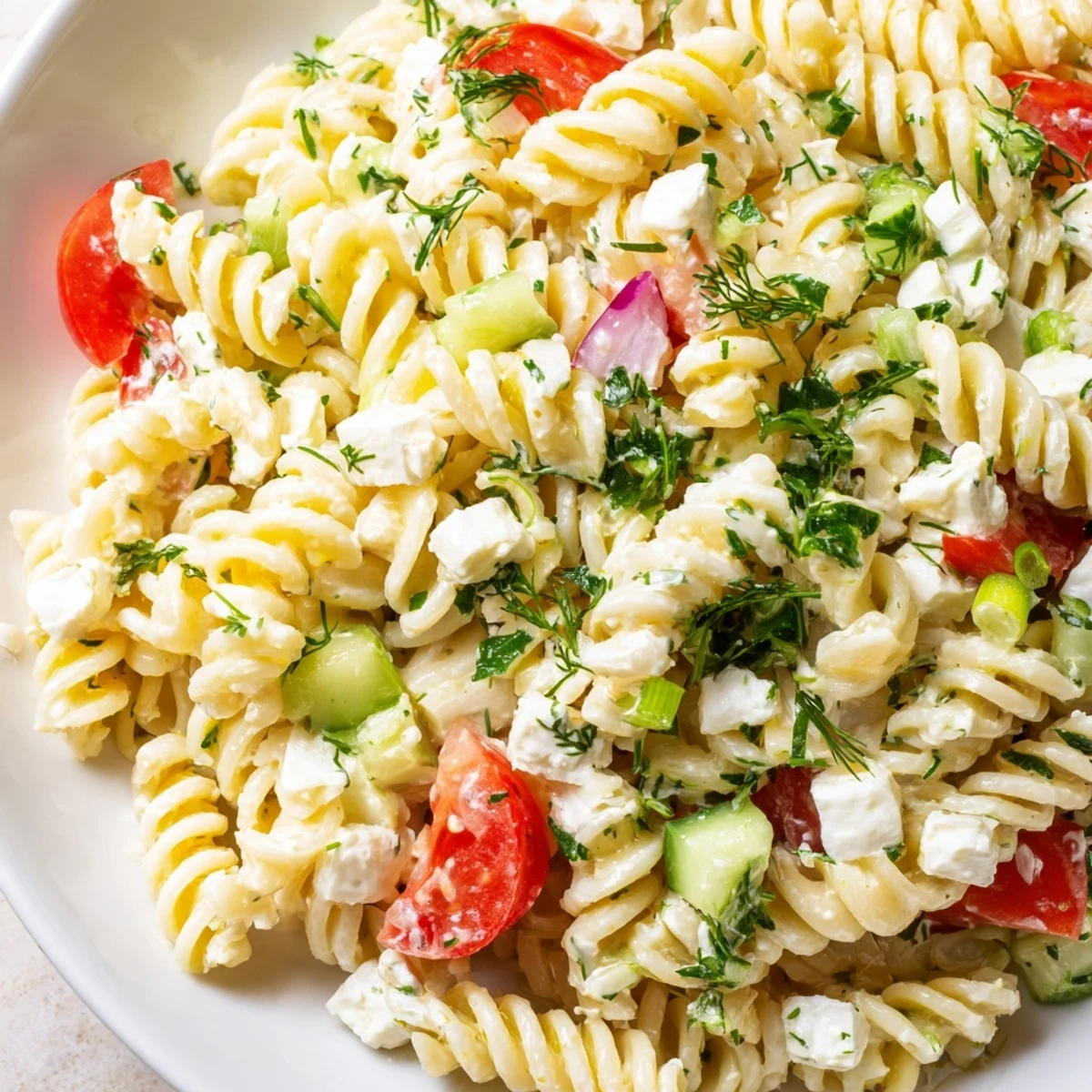 Cold cottage cheese pasta salad featuring tender fusilli noodles mixed with fresh diced vegetables and herbs