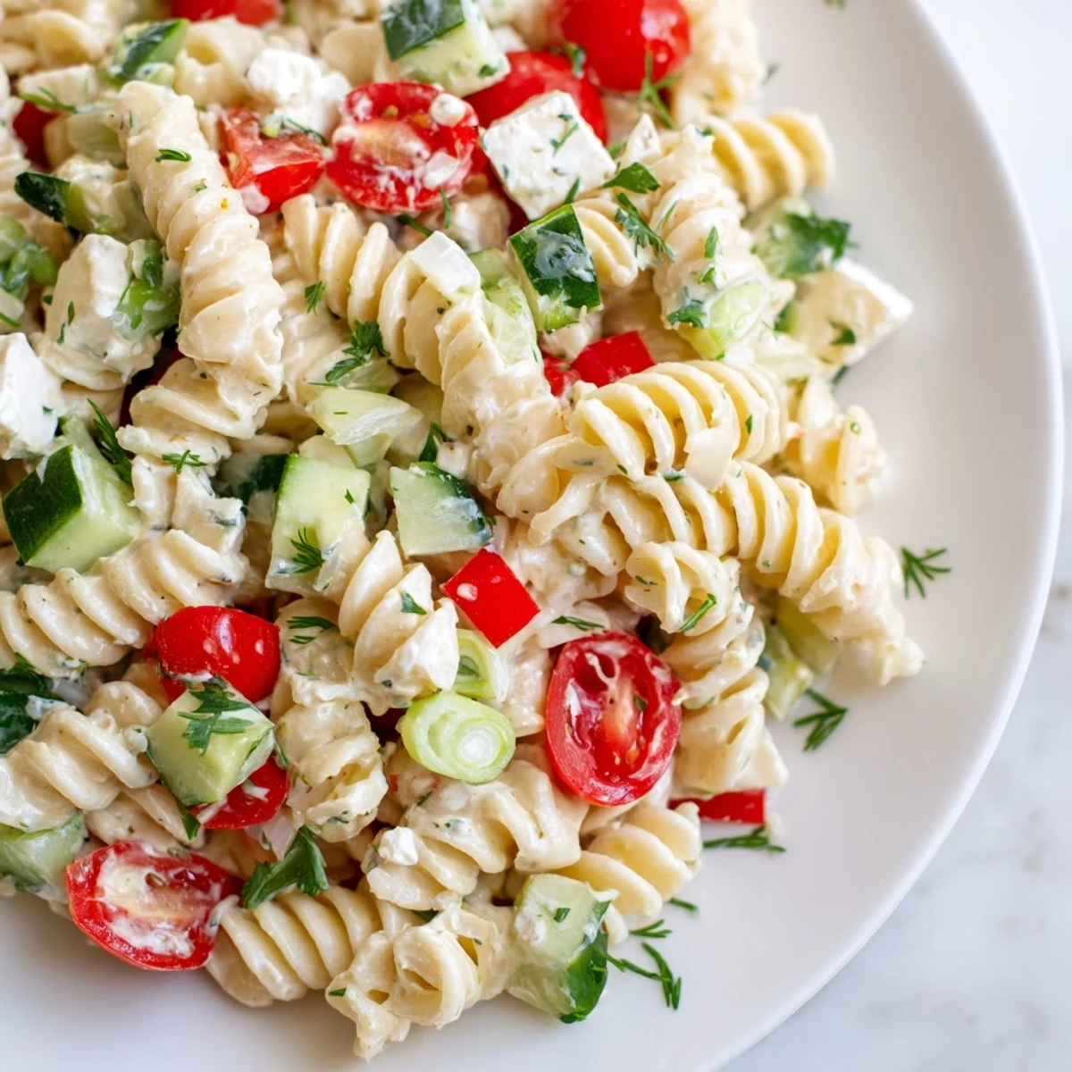 Protein-packed cottage cheese pasta salad displaying vibrant red tomatoes and crunchy vegetables in a light herb dressing