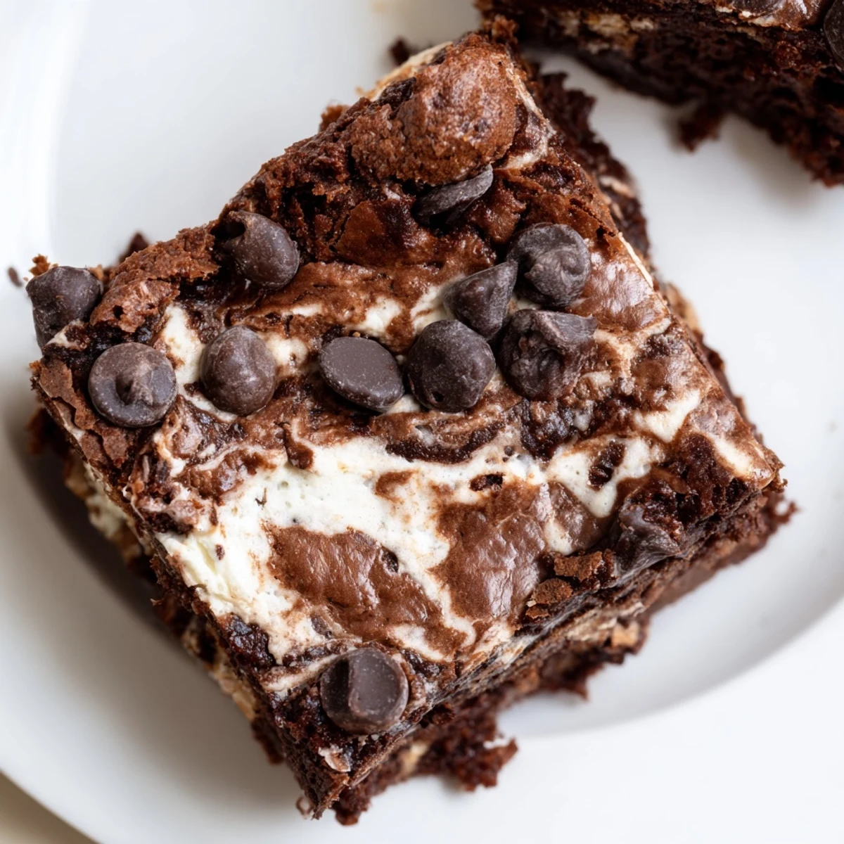 Square cottage cheese brownies sliced to reveal the marble swirl pattern inside
