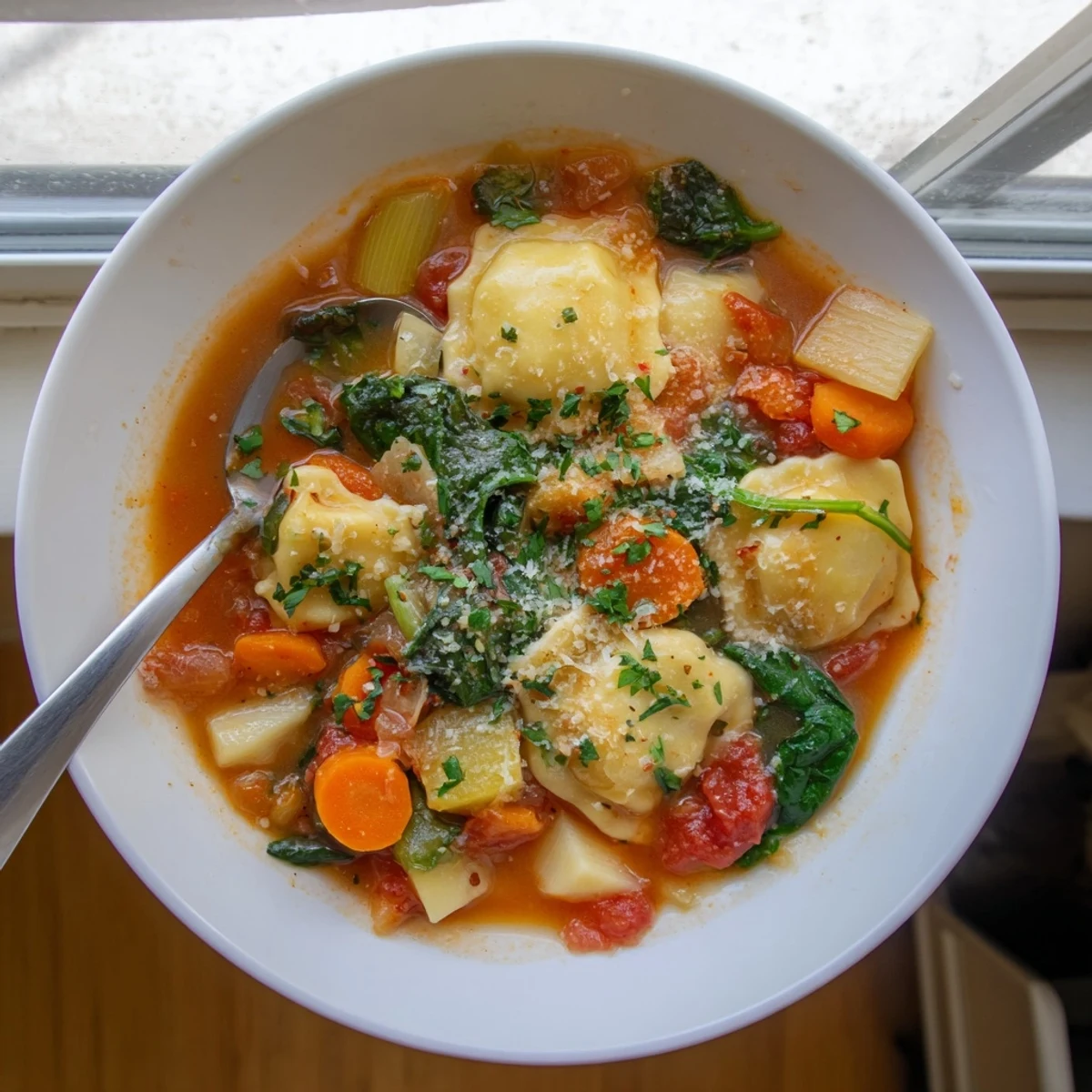 Steaming bowl of Easy Tuscan Ravioli Soup with cheese ravioli, fresh spinach, and diced tomatoes in savory red broth
