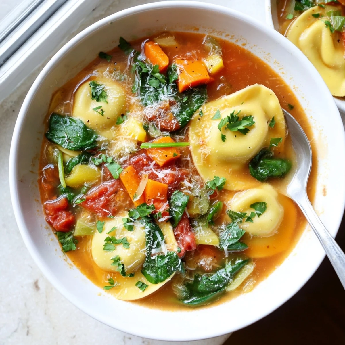 Comforting Easy Tuscan Ravioli Soup featuring tender pasta parcels, colorful carrots and celery, garnished with grated Parmesan cheese