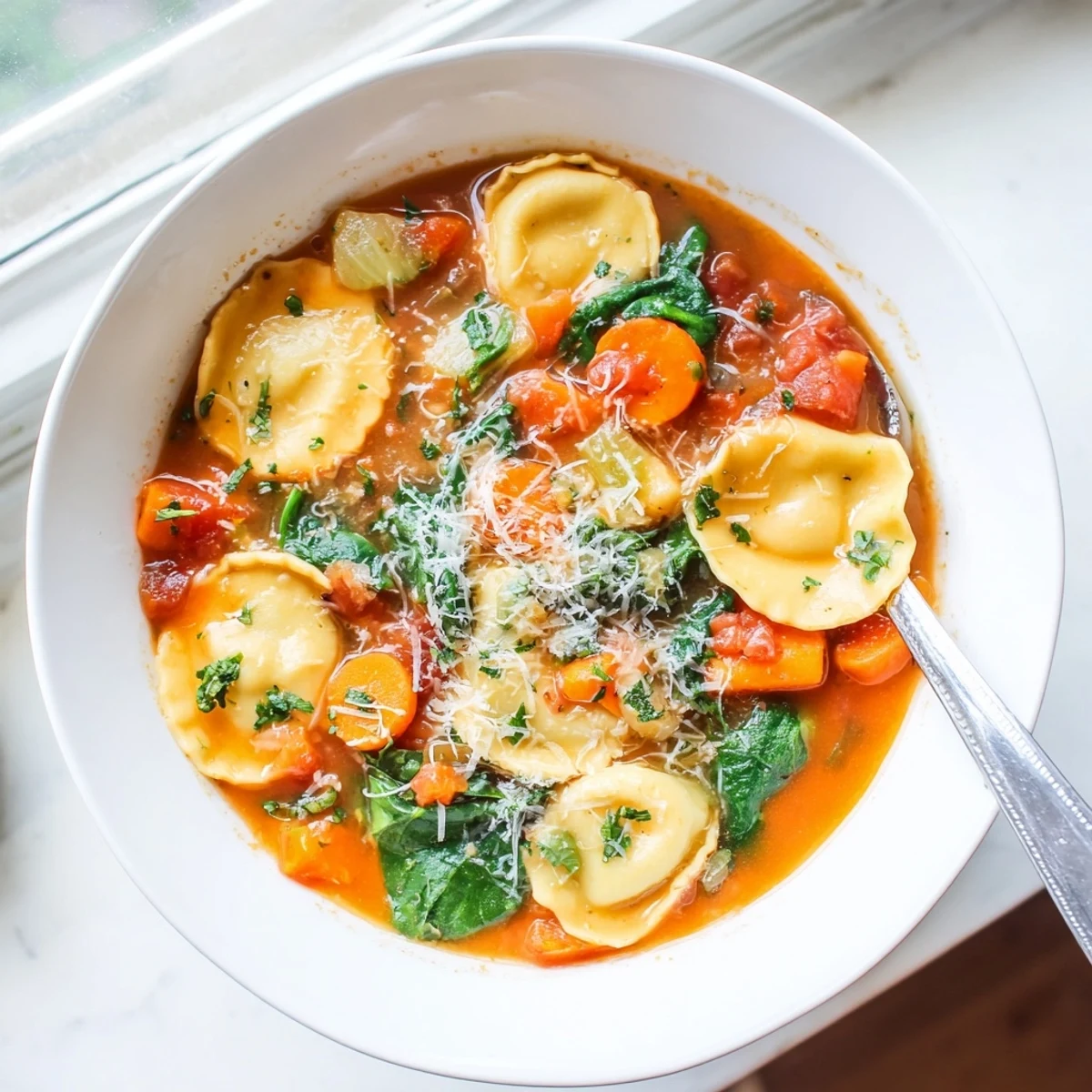 Rustic Italian Easy Tuscan Ravioli Soup swimming with vegetable-studded tomato broth and plump cheese-filled ravioli