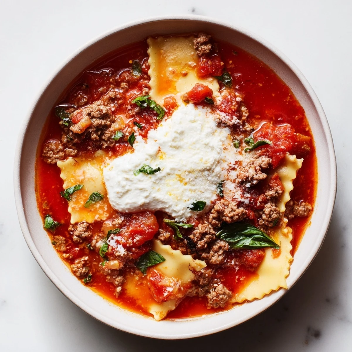 Savory Italian lasagna soup with broken noodles, ground beef, and three-cheese topping served in deep bowl