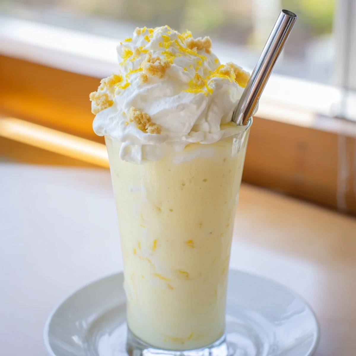 Tall glass of lemon meringue frappé topped with fluffy white meringue and lemon zest garnish