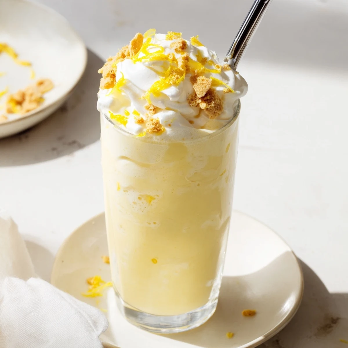 Blended lemon meringue frappé with creamy yellow base and peaks of meringue in clear glass