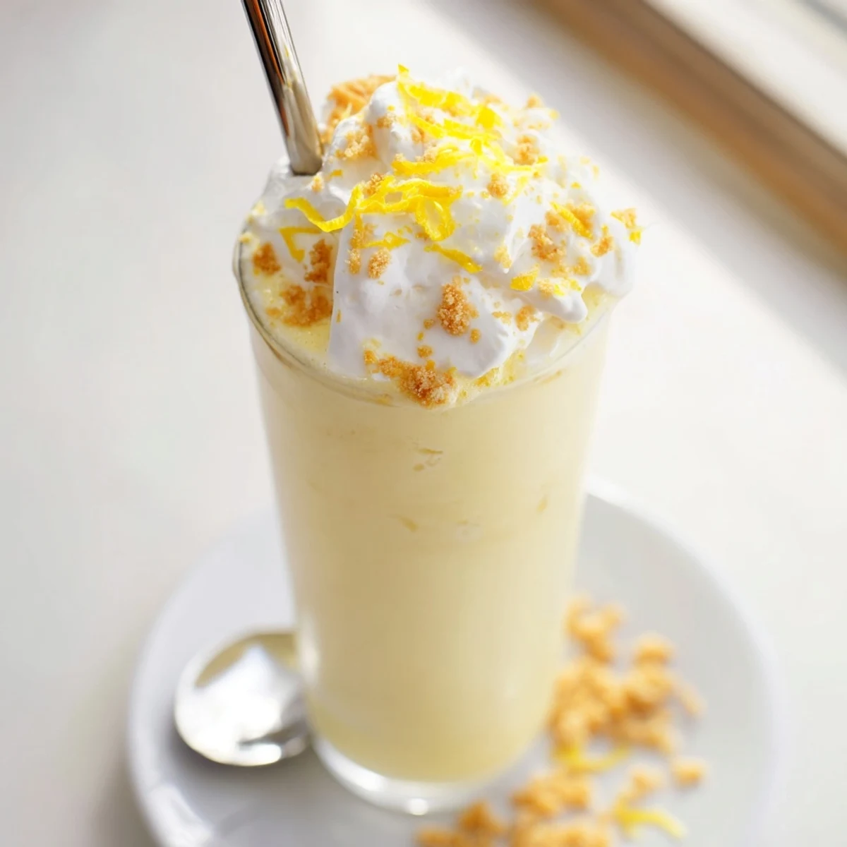 Refreshing lemon meringue frappé served with crushed graham crackers and glossy meringue topping