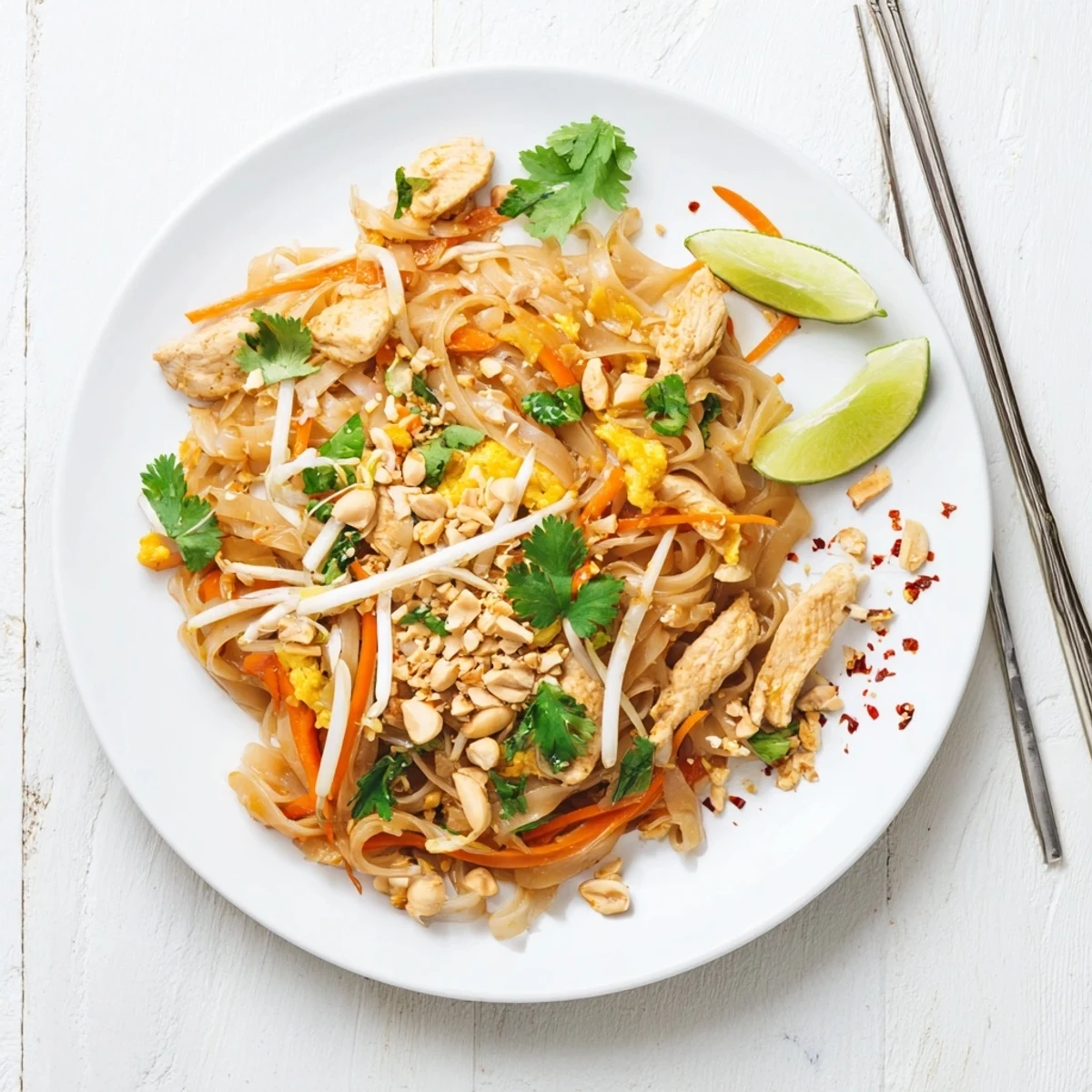 Golden chicken pad Thai with tender rice noodles tossed in tangy tamarind sauce and topped with crushed roasted peanuts