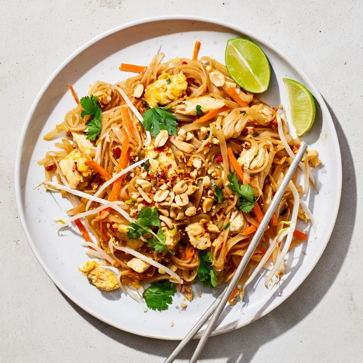 Steamy plate of chicken pad Thai garnished with fresh lime wedges bean sprouts and fragrant cilantro leaves