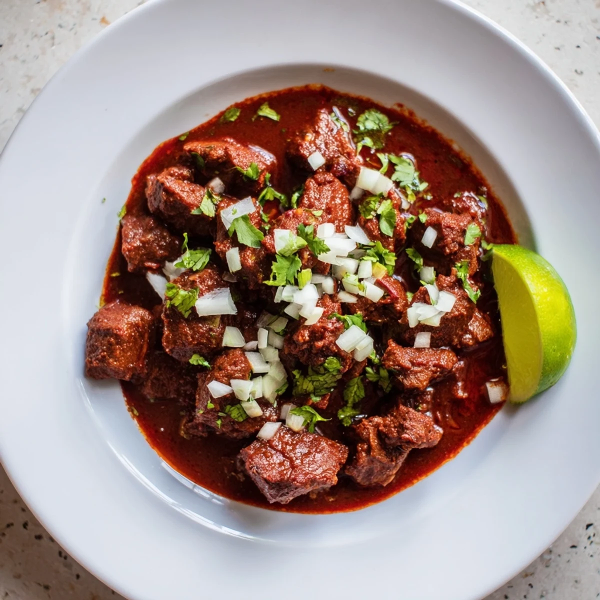 Slow cooker Crockpot Chili Colorado featuring tender beef chunks in rich red chili sauce garnished with fresh cilantro and white onion