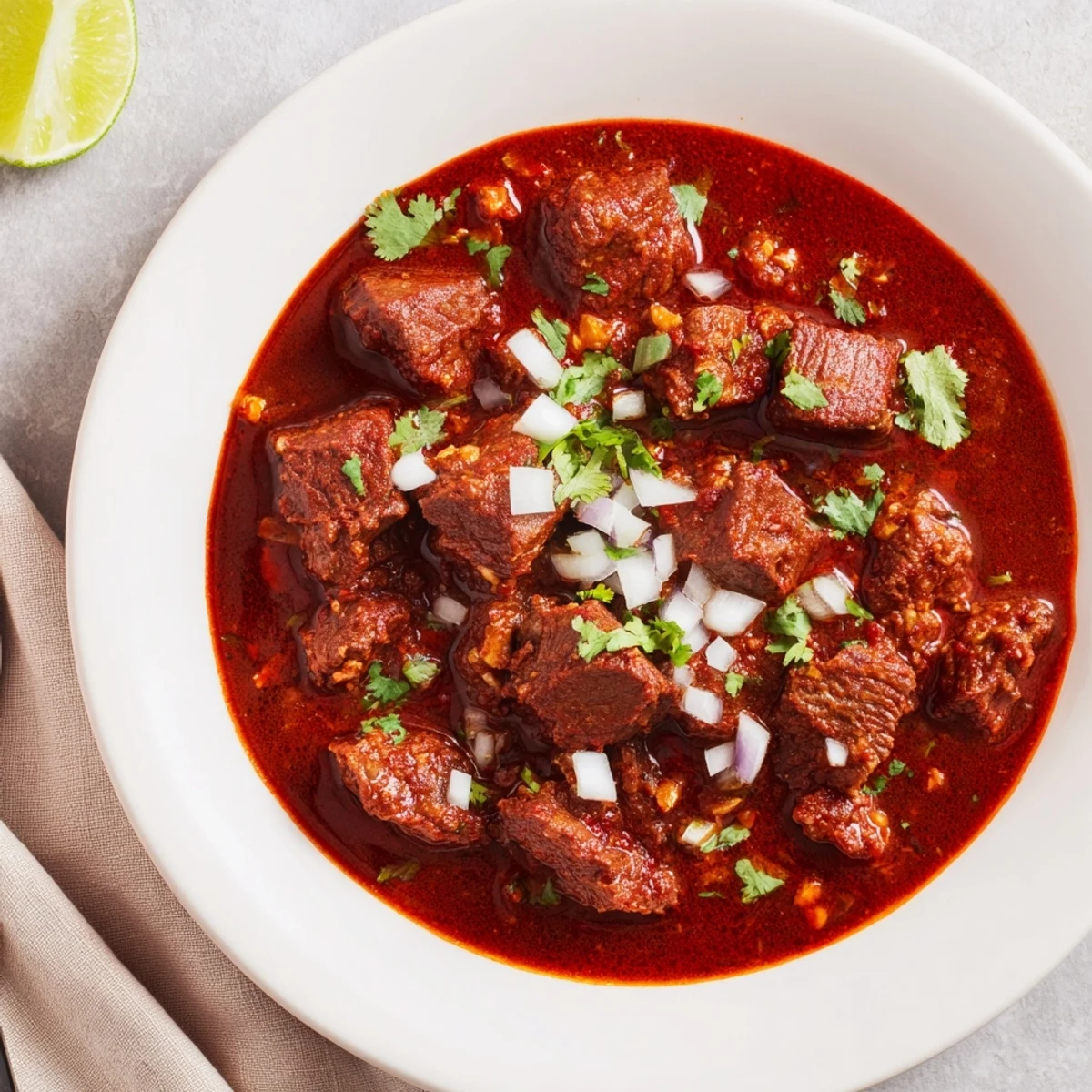 Crockpot Chili Colorado plated with steaming Mexican beef stew topped with chopped cilantro, diced onion, and warm corn tortillas