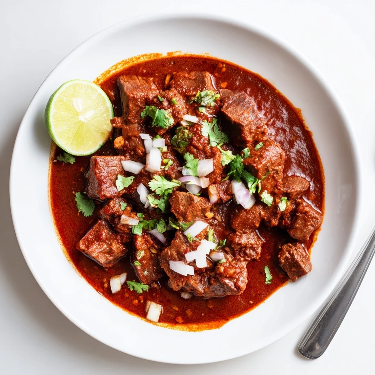 Hearty Crockpot Chili Colorado bowl showcasing fork-tender beef cubes simmered in deep red dried chili sauce with lime wedges