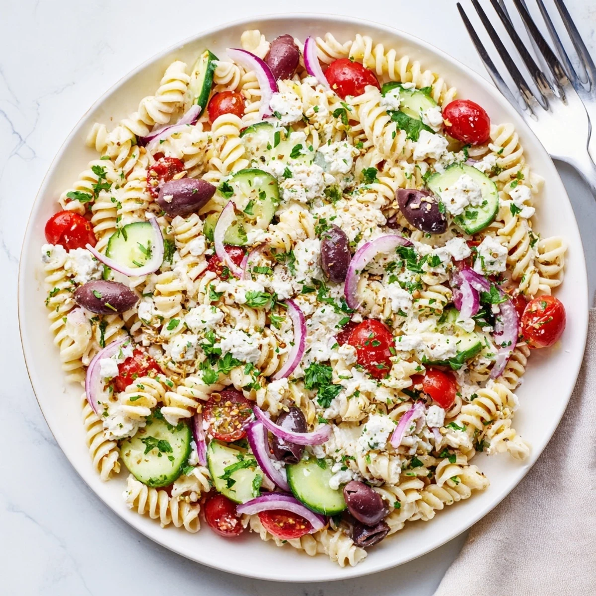 Creamy Mediterranean cottage cheese pasta salad featuring red bell peppers, onions, and vibrant parsley
