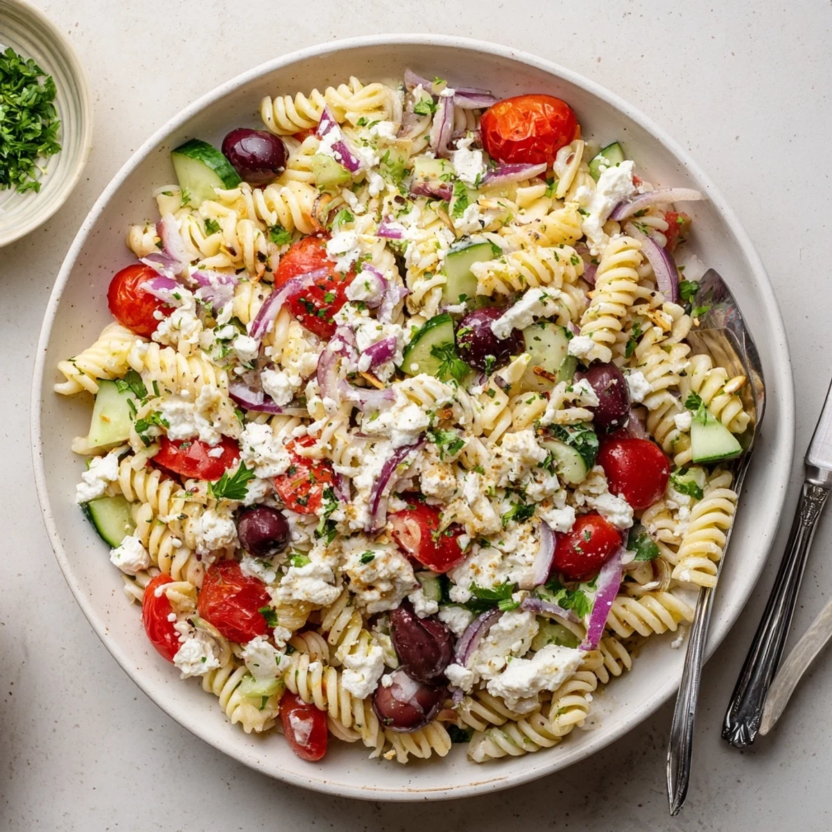 Protein-rich Mediterranean cottage cheese pasta salad tossed with crisp vegetables and tangy lemon dressing
