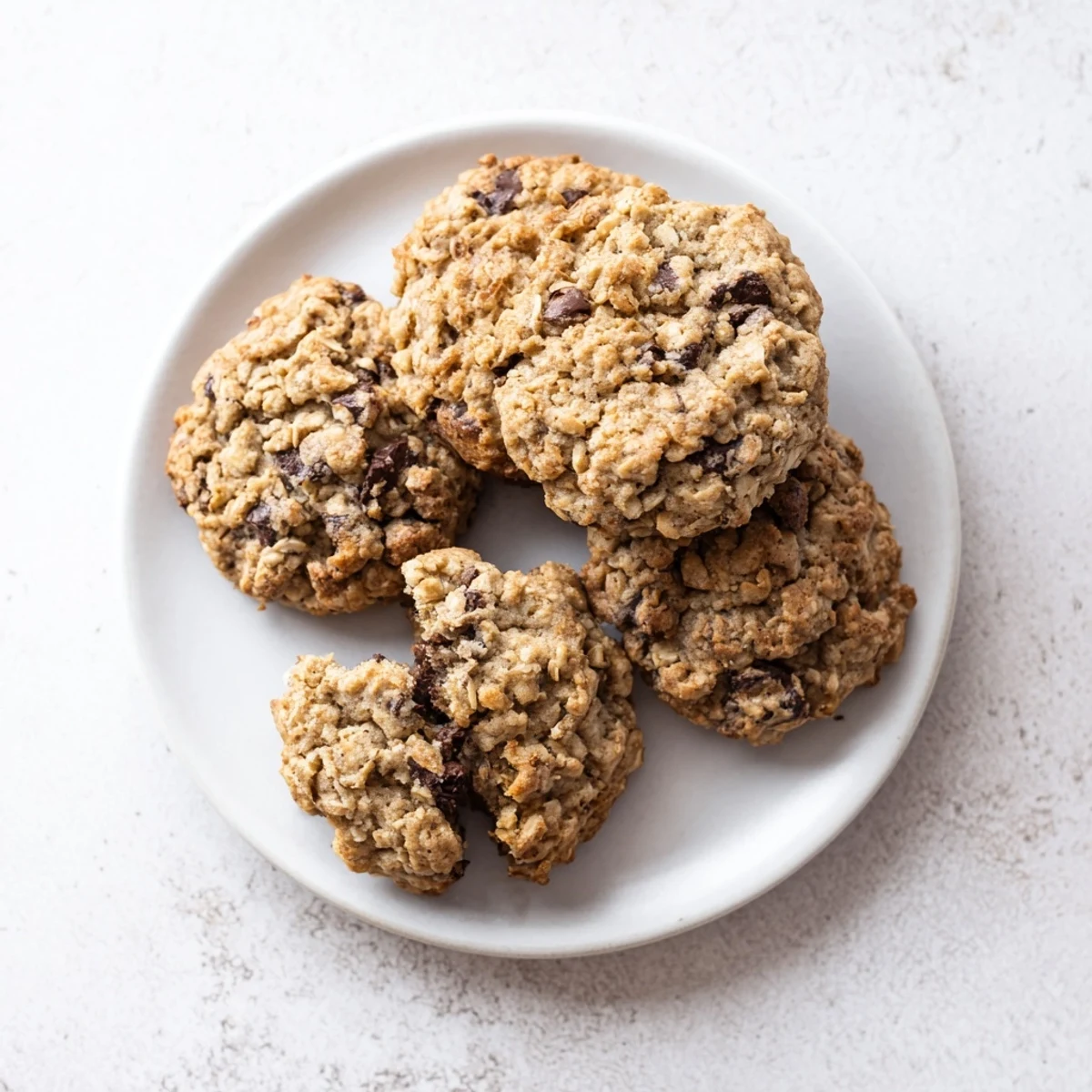 Golden oatmeal chocolate chip cookies fresh from the oven with melted chocolate centers