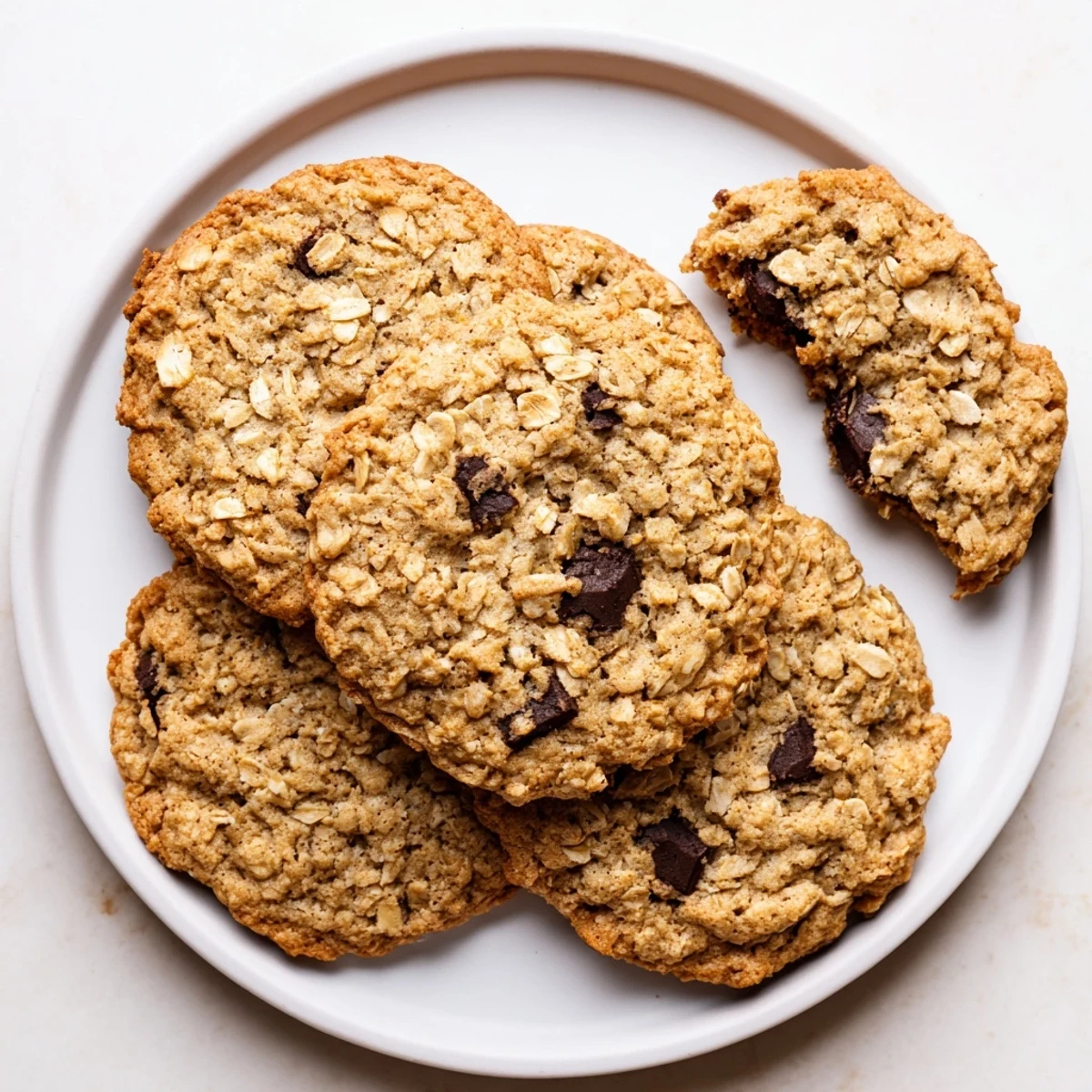 Chewy homemade oatmeal chocolate chip cookies stacked on a wooden cutting board
