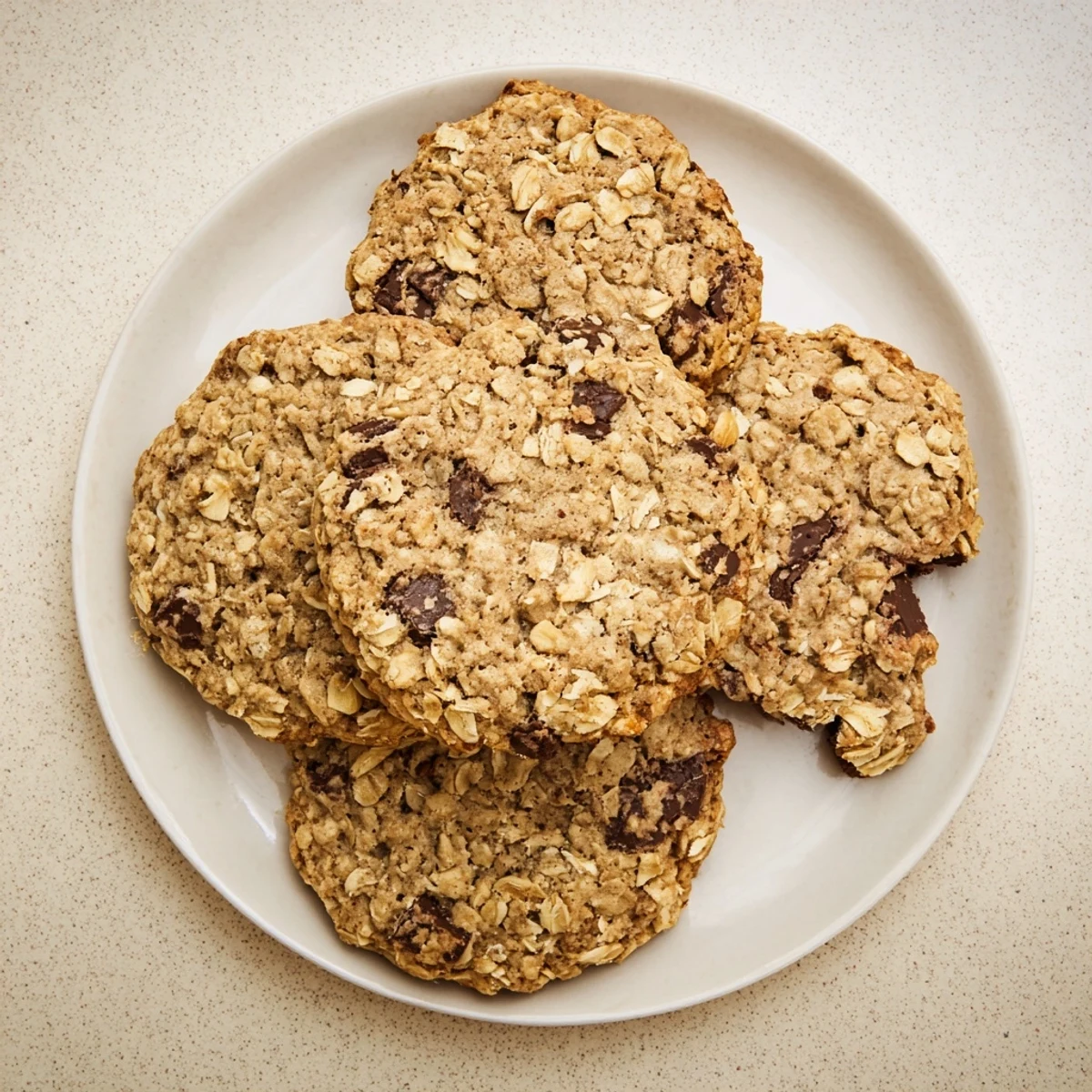 Warm oatmeal chocolate chip cookies featuring rolled oats and semi-sweet chocolate chunks