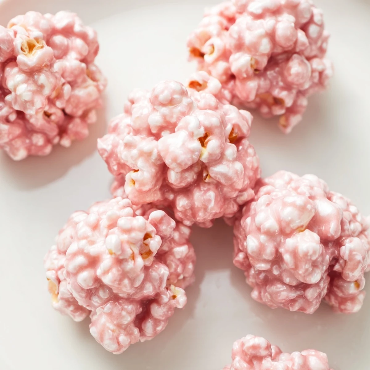 Pink popcorn in a white bowl coated with rosy vanilla glaze