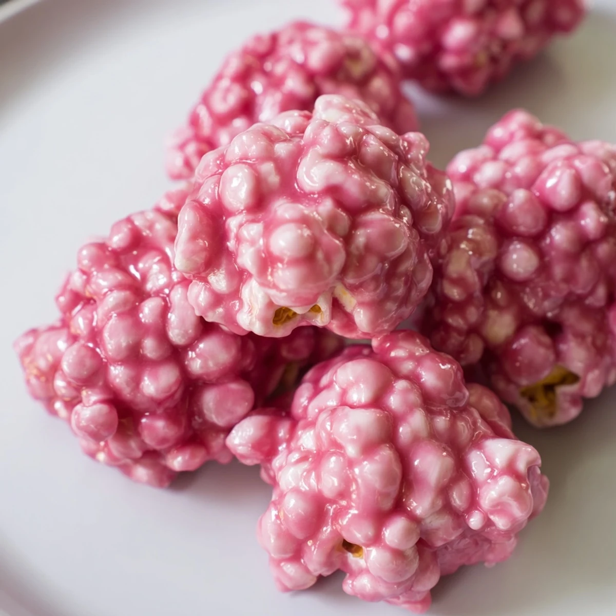 Crunchy pink popcorn clusters with glossy pink candy coating on parchment paper