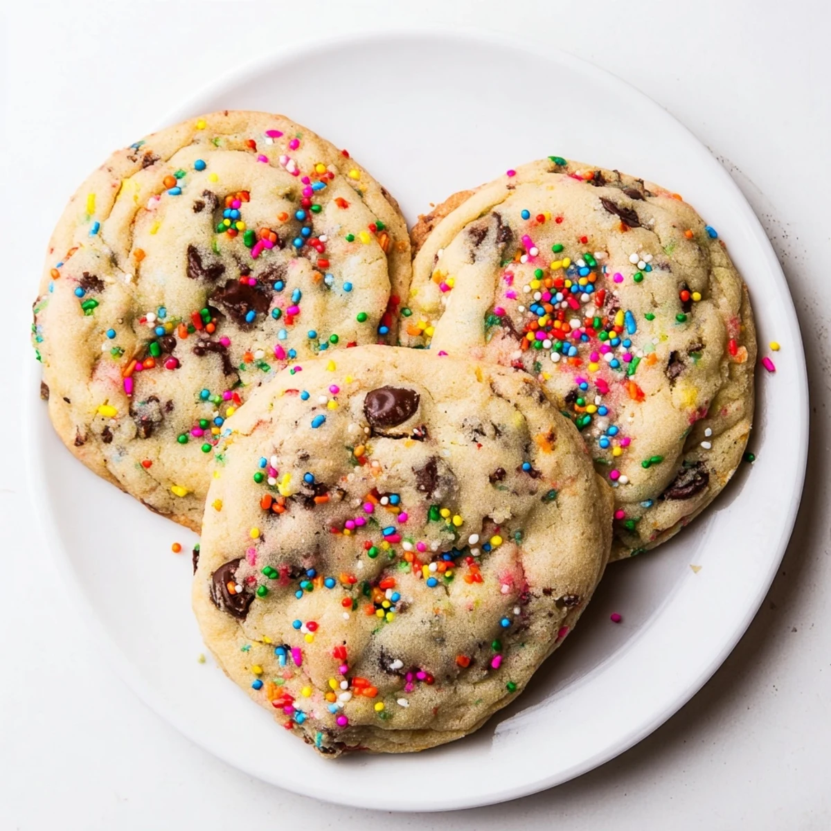 Soft batch chocolate chip sprinkle cookies fresh from the oven with melted chocolate chunks
