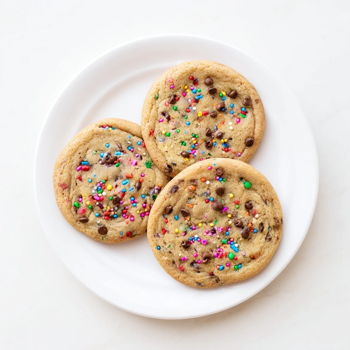 Golden chocolate chip sprinkle cookies stacked on a white cooling rack