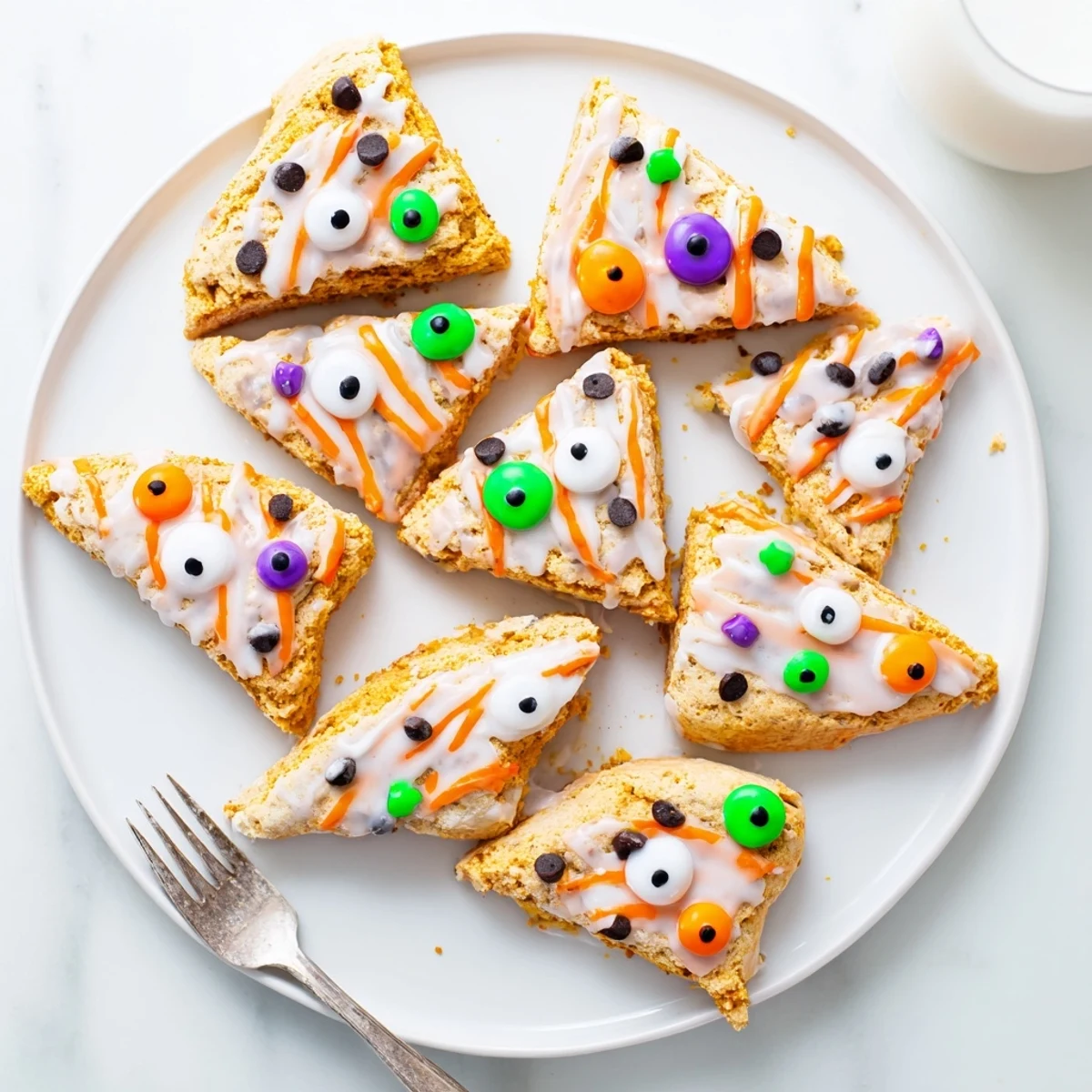 Spiced monster face pumpkin scone drizzled with orange glaze on white plate