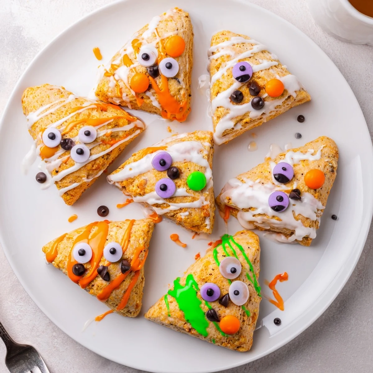 Flaky pumpkin scone with playful monster face decoration for Halloween parties