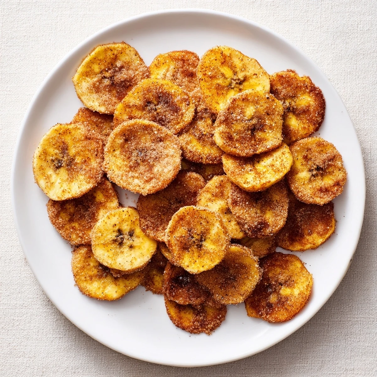 Close-up of sweet banana chips coated in cinnamon sugar resting on wire cooling rack