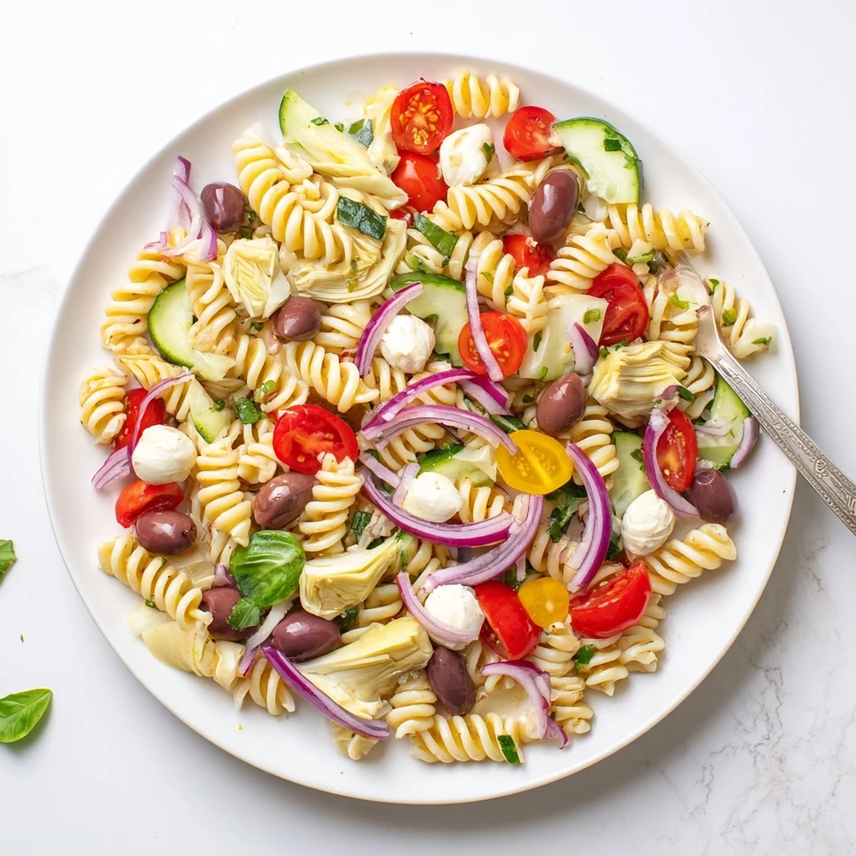 Colorful Italian vegetarian pasta salad with cherry tomatoes, mozzarella, and fresh basil in a bowl