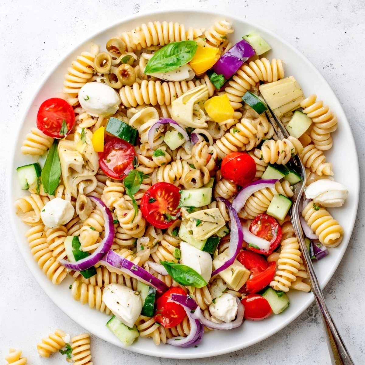 Serving of chilled Italian vegetarian pasta salad garnished with parsley and artichoke hearts on white plate