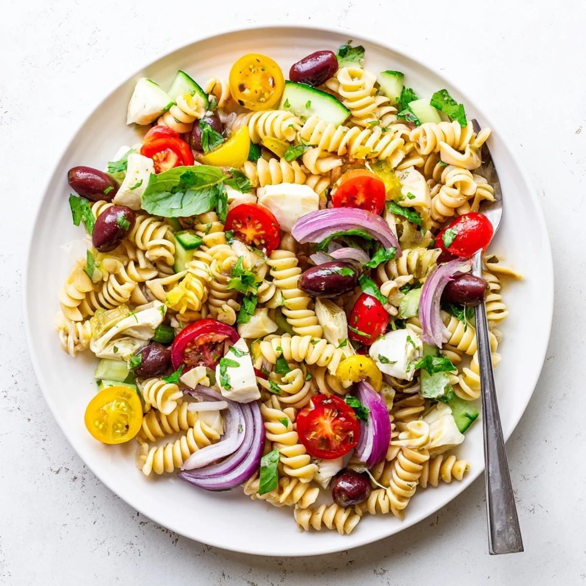 Close-up of Mediterranean pasta salad featuring rotini, bell peppers, olives, and tangy Italian dressing